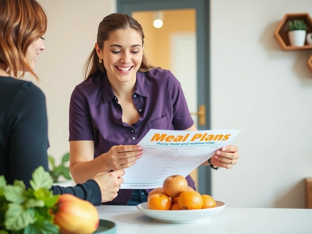 Nutricionista explicando un plan de alimentación personalizado a un cliente en un ambiente moderno y luminoso.