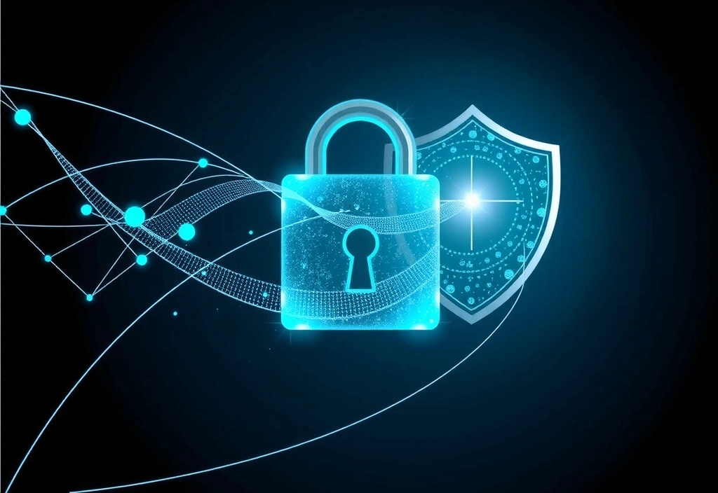 Ilustración de un candado digital y un escudo protegiendo datos, simbolizando la seguridad de la información.