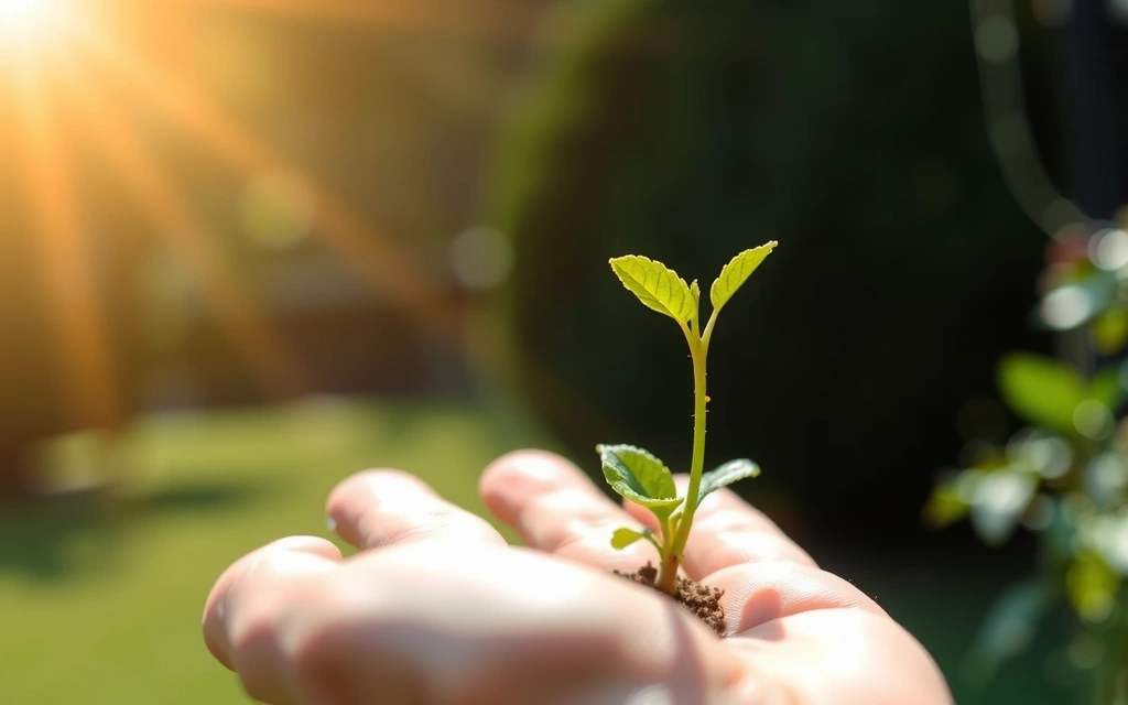 Mano sosteniendo una planta verde pequeña con luz solar brillante
