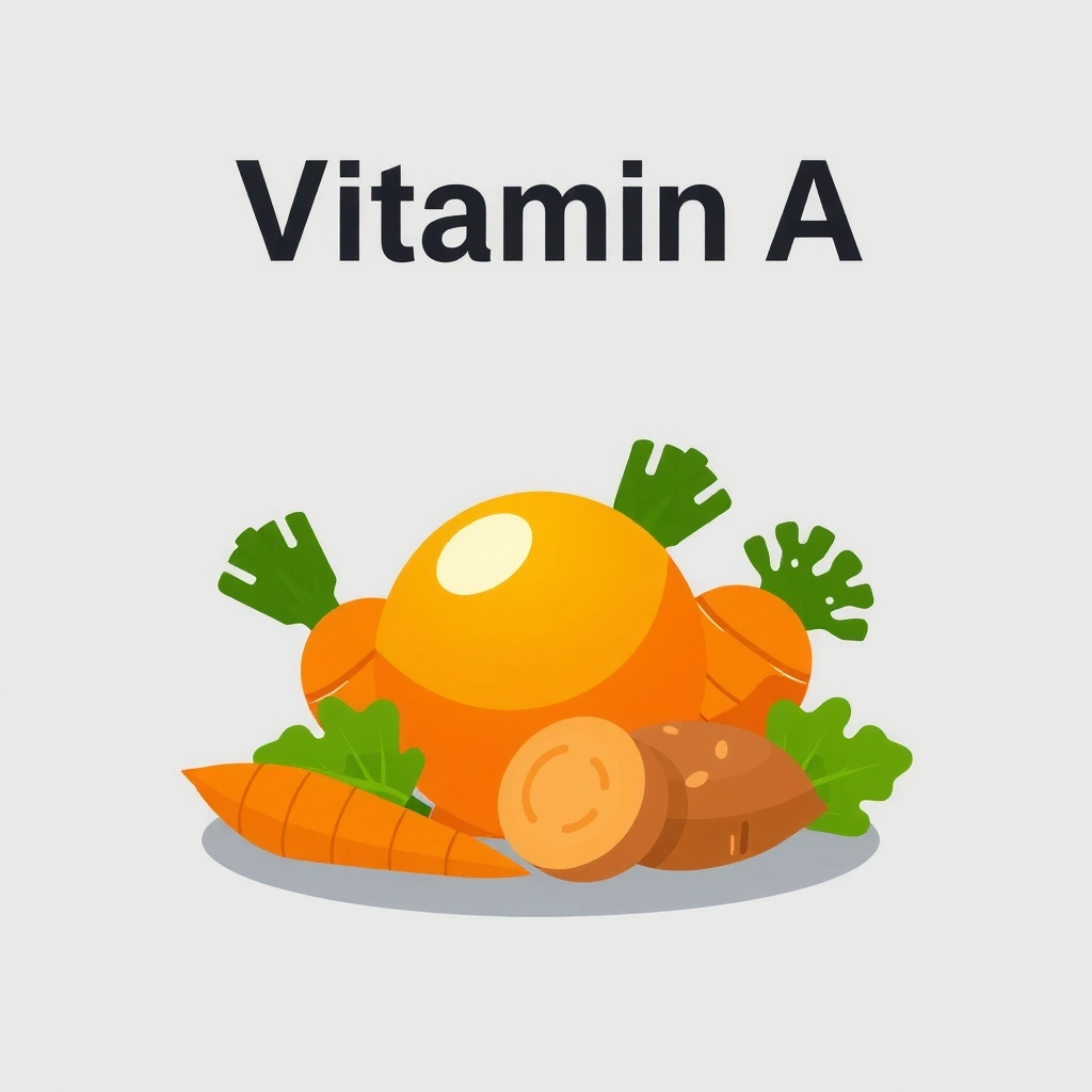 Ilustración de Vitamina A y sus fuentes como zanahorias y batatas