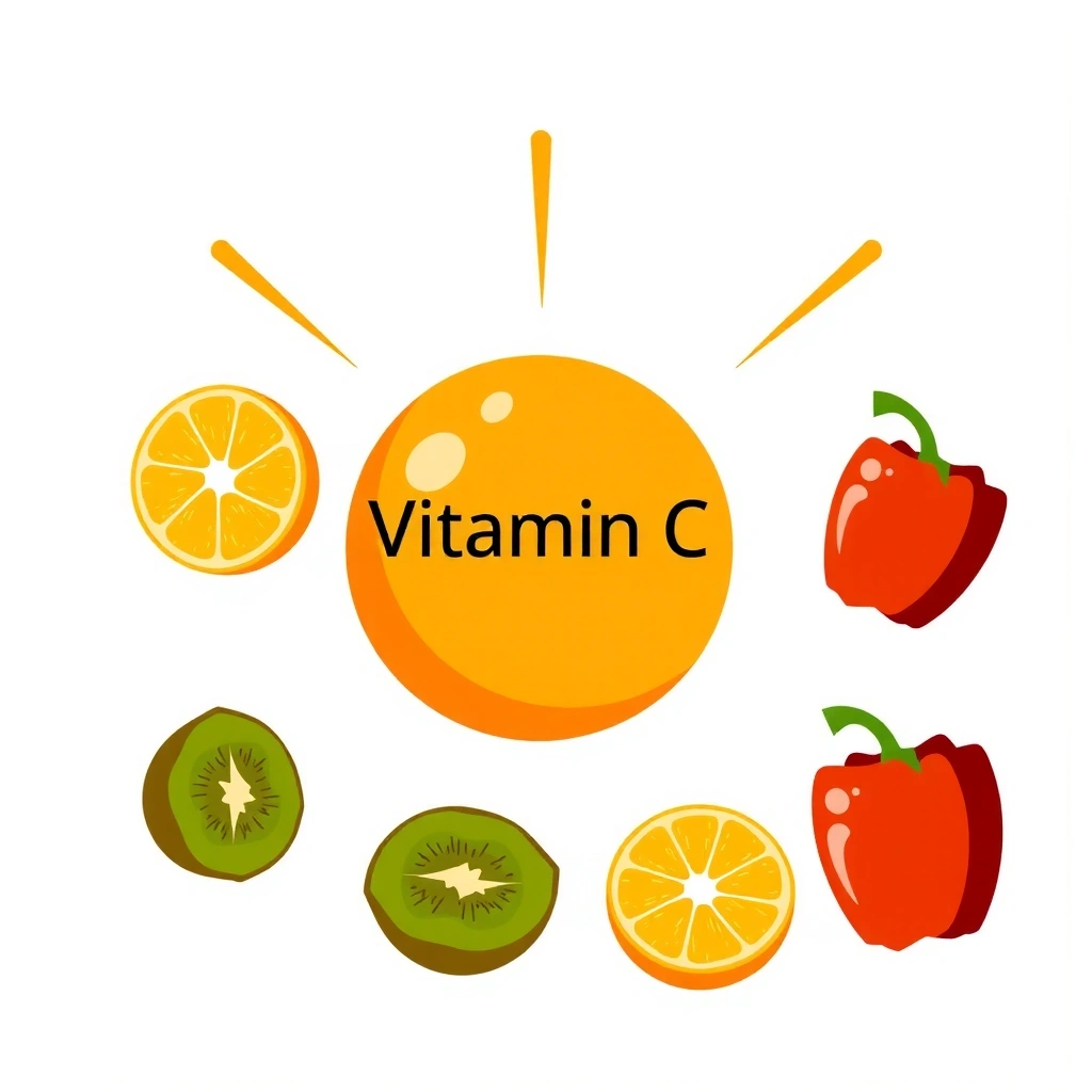 Ilustración de Vitamina C, con naranjas, kiwis y pimientos